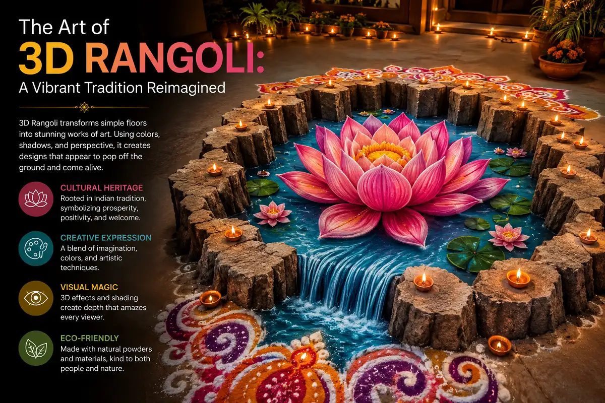 Vibrant 3D rangoli with a large pink lotus, blue water illusion, rocks, and glowing diyas in a festive setting
