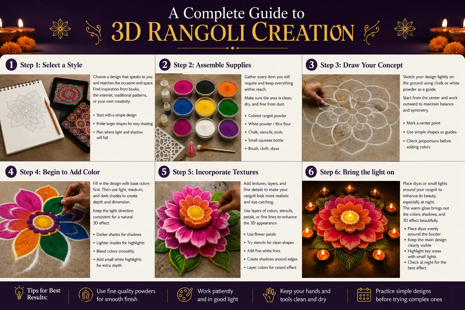 Six step guide showing how to create a colorful 3D rangoli design