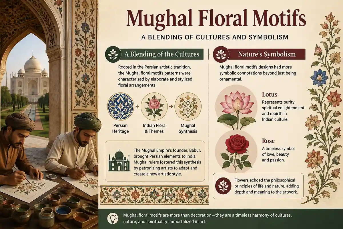 Mixed photographic and infographic illustration showing Mughal floral motifs, Persian and Indian artistic influences, lotus and rose symbolism, and traditional floral artwork.
