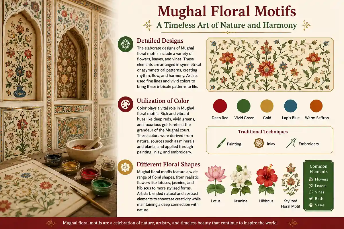 Mixed photographic and infographic illustration showcasing Mughal floral motifs, rich colors, traditional techniques, and floral shapes including lotus, jasmine, and hibiscus.