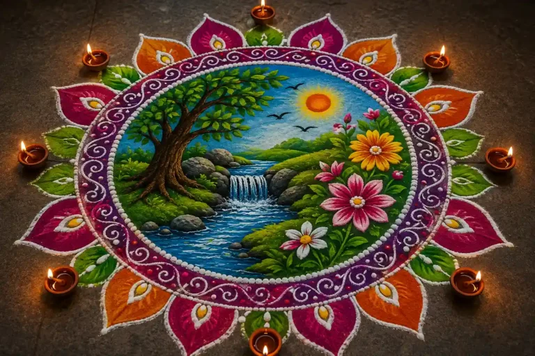 Nature 3D rangoli design with trees, flowers, waterfall, and diyas
