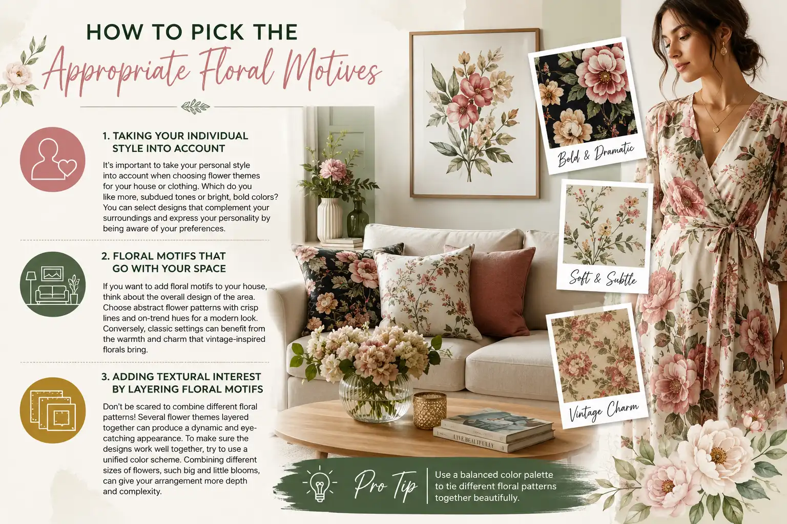 Modern infographic showing how to choose appropriate floral motifs for personal style, home décor, and layered floral patterns
