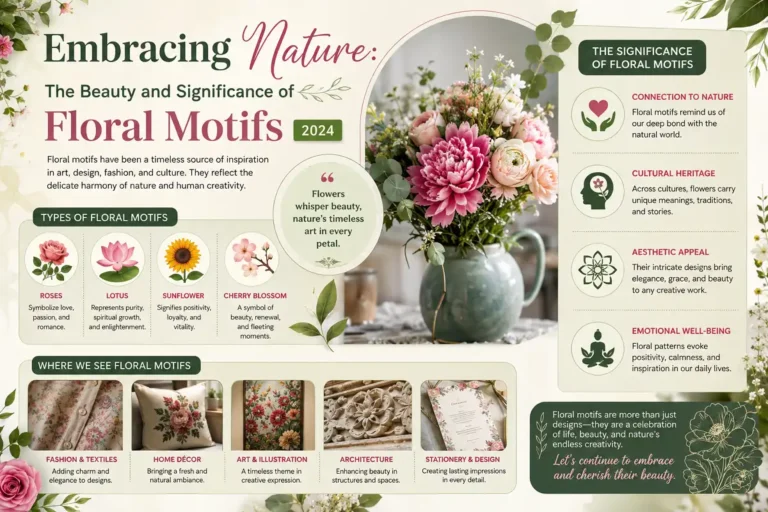 Embracing Nature: The Beauty and Significance of Floral Motifs 2024 infographic featuring floral symbolism, nature-inspired designs, and applications in art, fashion, and home decor