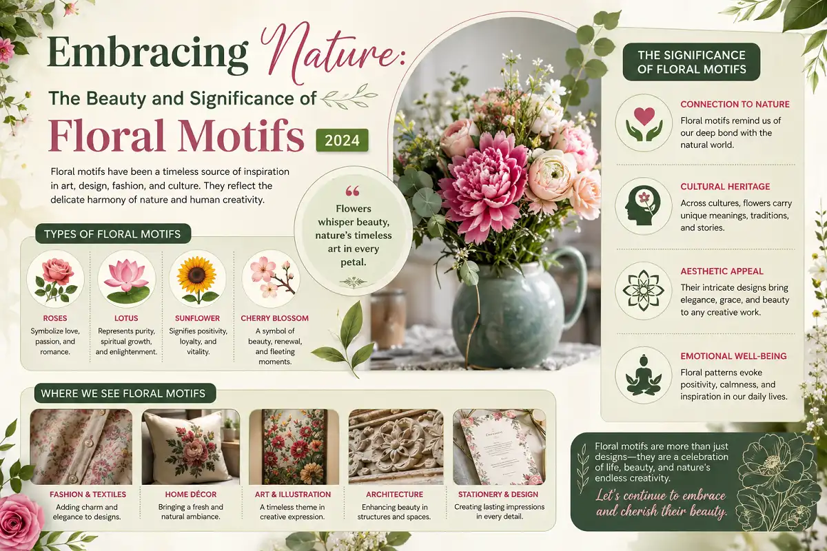 Embracing Nature: The Beauty and Significance of Floral Motifs 2024 infographic featuring floral symbolism, nature-inspired designs, and applications in art, fashion, and home decor