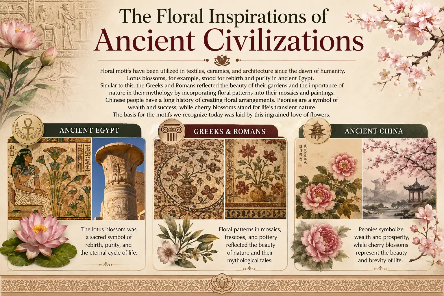 The Floral Inspirations of Ancient Civilizations infographic featuring lotus motifs from Ancient Egypt, floral mosaics from Greece and Rome, and peonies and cherry blossoms from Ancient China.