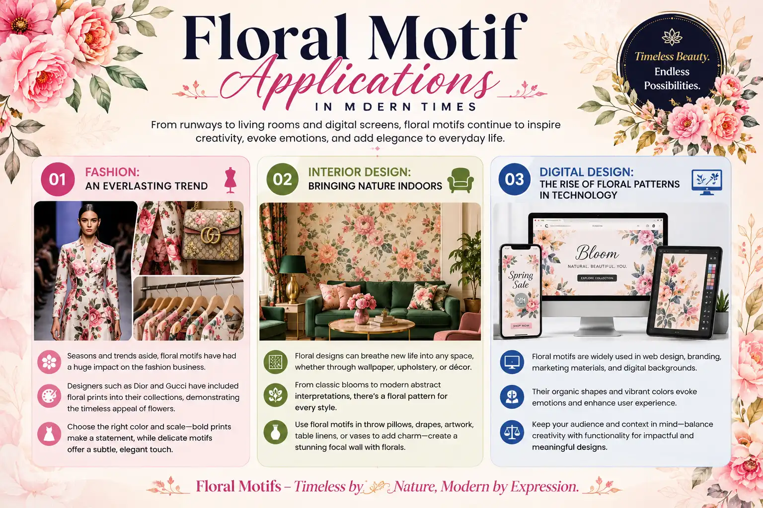 Floral motif applications in modern times infographic showing floral designs in fashion, interior design, and digital design