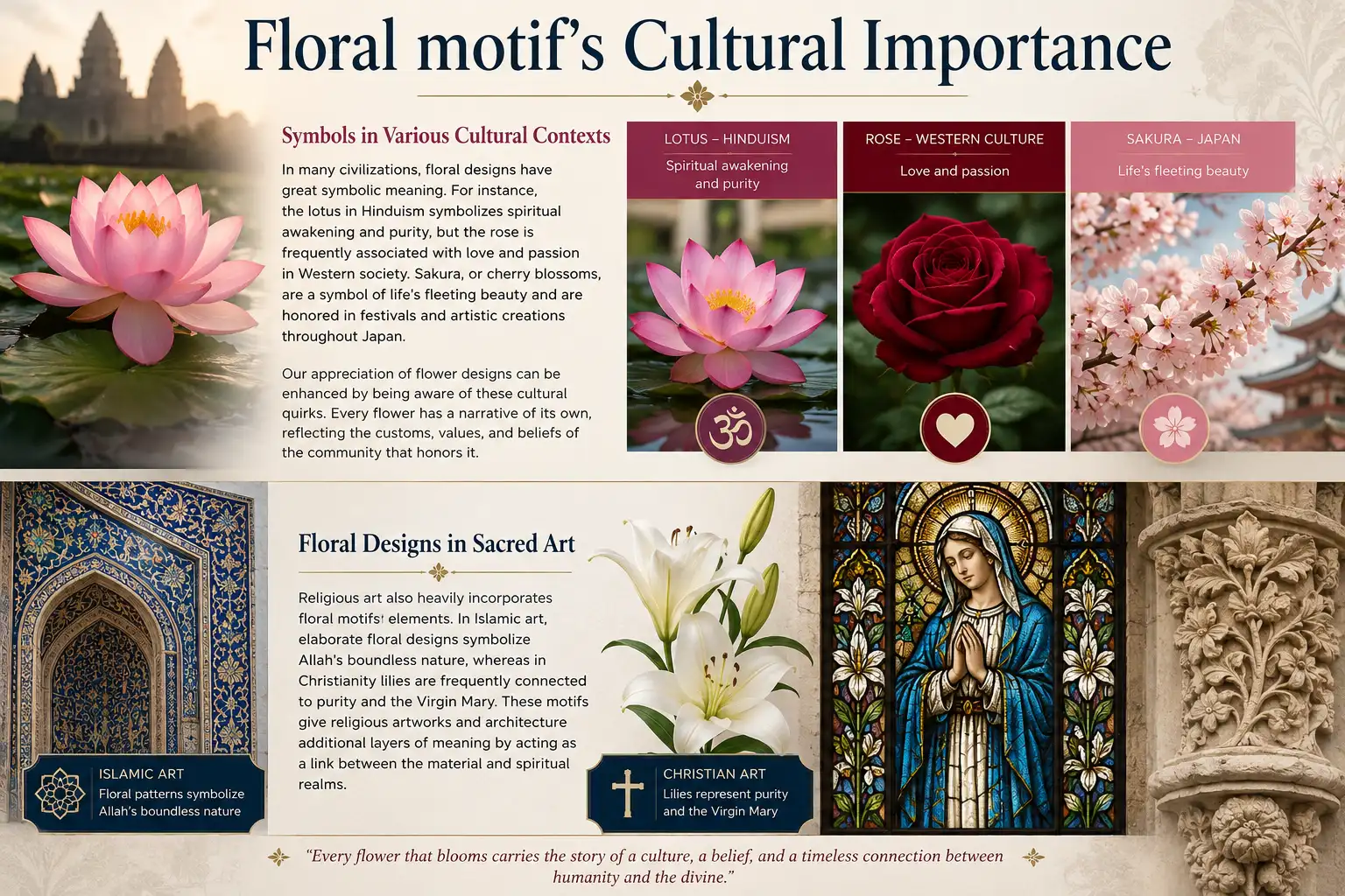 Mixed photorealistic and modern infographic illustrating the cultural importance of floral motifs, featuring a lotus symbolizing spiritual purity in Hinduism, a rose representing love in Western culture, sakura blossoms representing life's fleeting beauty in Japan, and floral designs in Islamic and Christian sacred art