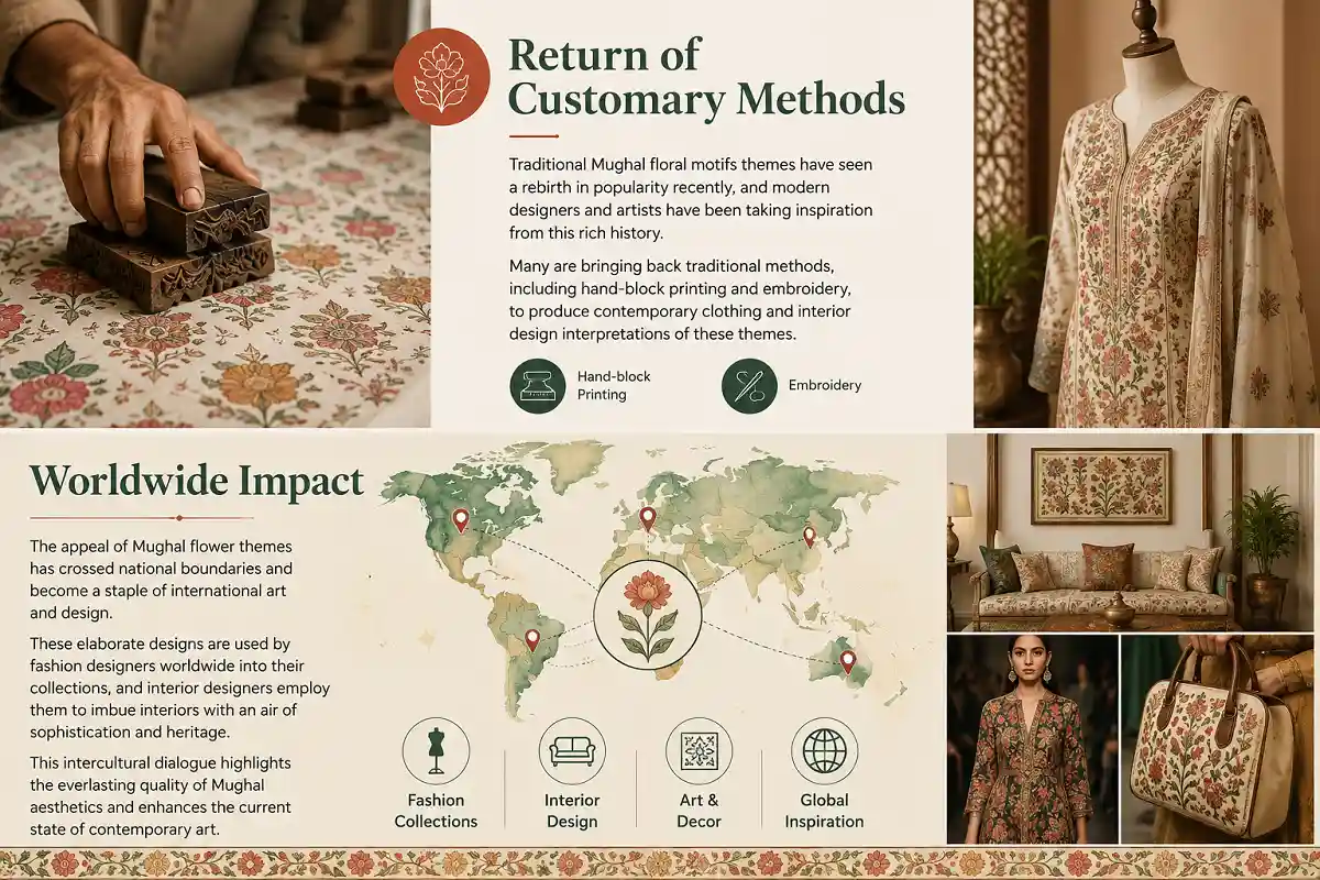 Mughal floral motifs revival through hand-block printing, embroidery, fashion, interiors, and global design influence