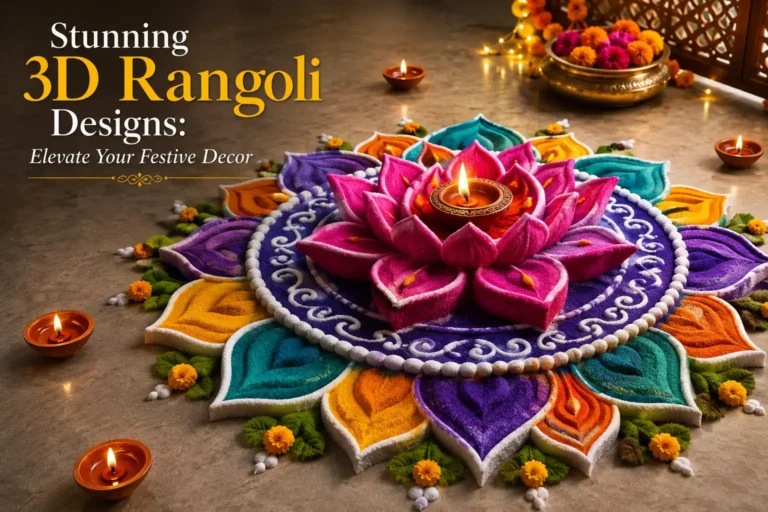 Stunning 3D rangoli design with a colorful lotus centerpiece, diyas, and festive floral decorations