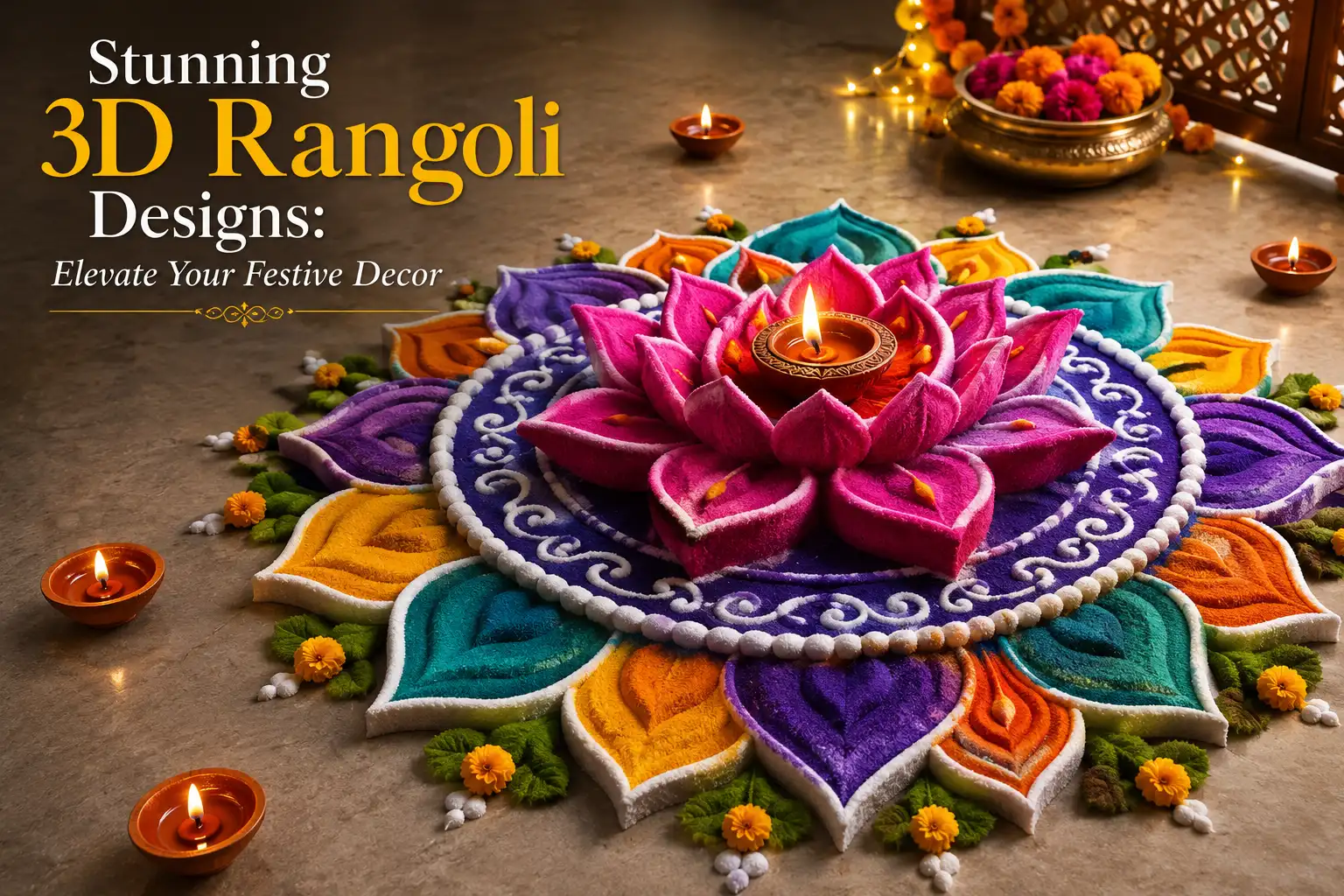 Stunning 3D rangoli design with a colorful lotus centerpiece, diyas, and festive floral decorations