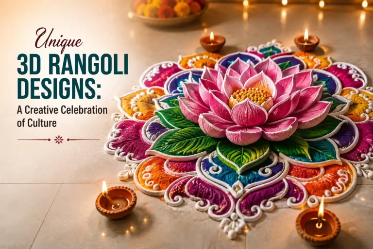 Unique 3D rangoli design with a colorful raised lotus centerpiece and glowing diyas