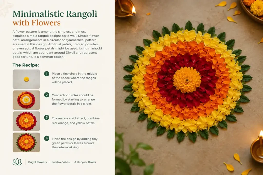 Colorful floral Diwali rangoli with concentric petals and green leaves.