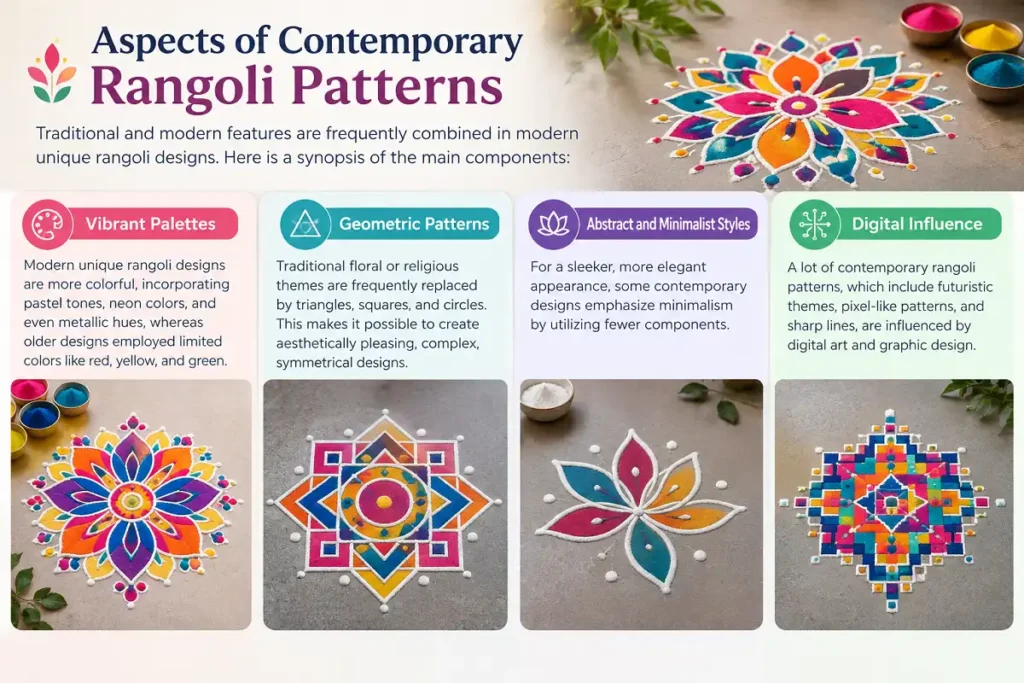 Modern rangoli patterns with vibrant colors, geometric shapes, minimalist styles, and digital influences.