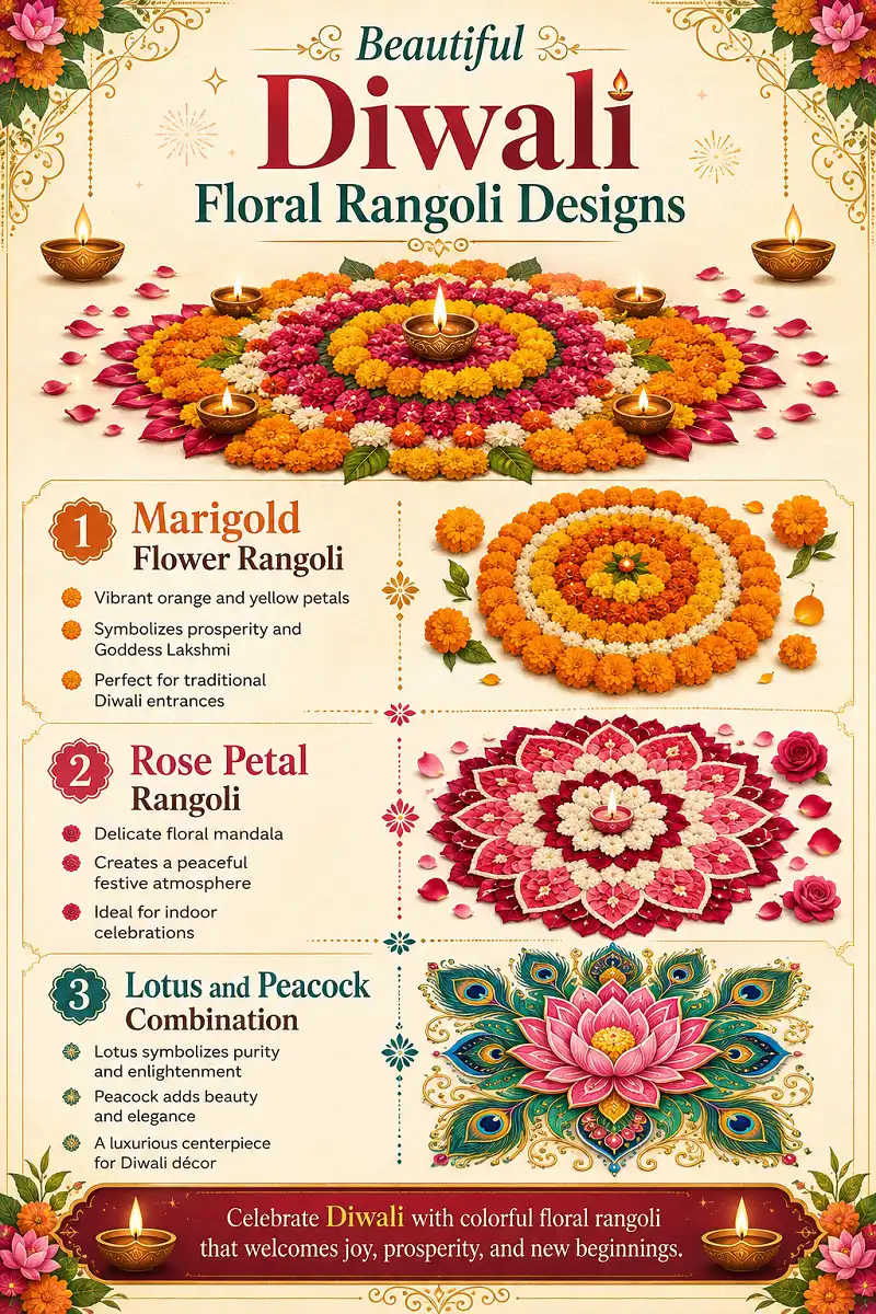 Vertical infographic showing marigold, rose petal, and lotus peacock floral rangoli designs for Diwali in a festive Indian style.