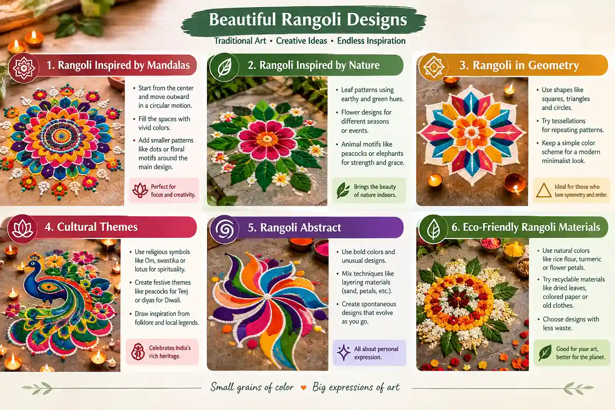 Six beautiful unique rangoli designs inspired by mandalas, nature, geometry, culture, abstract art and eco-friendly materials