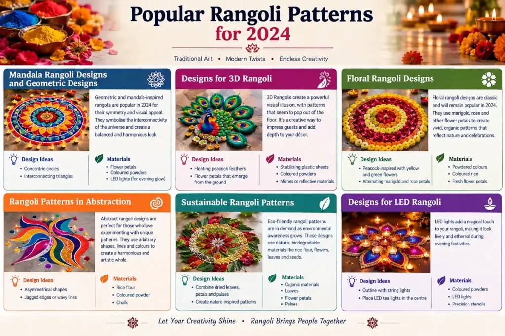 Infographic showcasing six popular Rangoli patterns and their materials for 2024