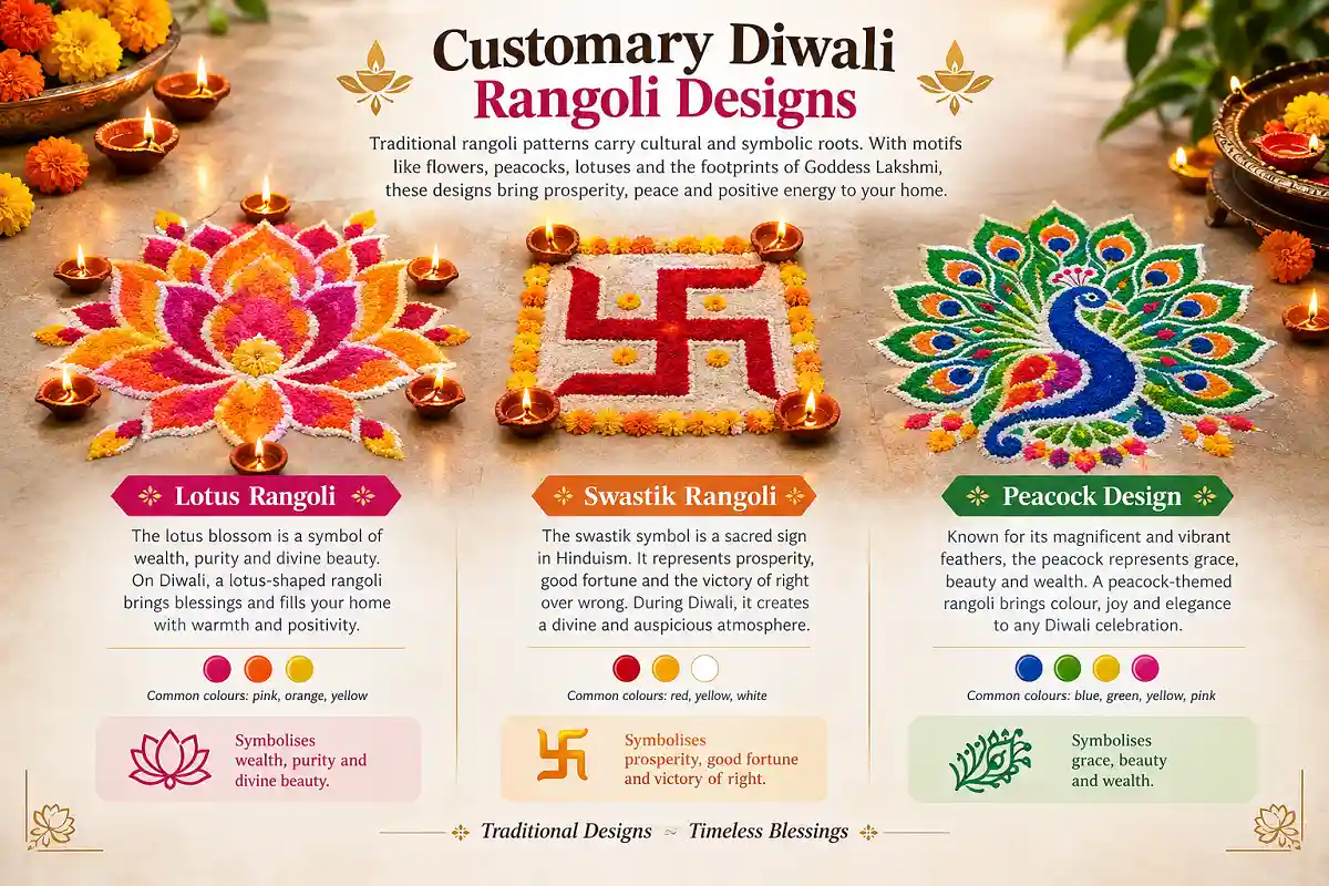 Traditional Diwali rangoli designs featuring colorful lotus, swastik, and peacock patterns with diyas and marigold flowers, shown in a festive infographic style.