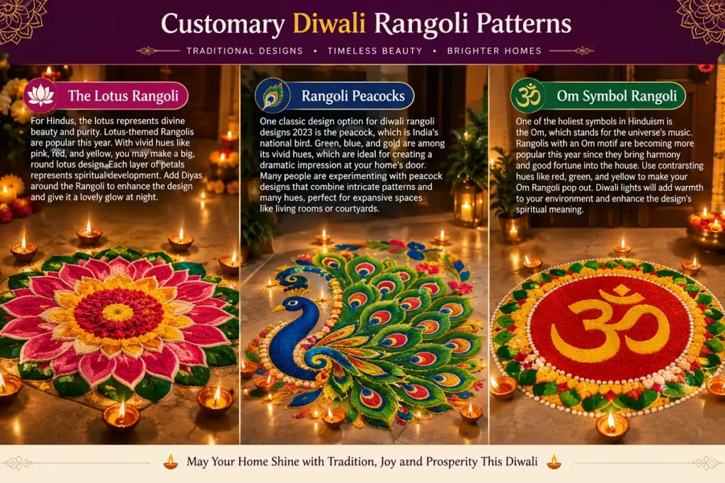 Lotus, peacock, and Om rangoli designs decorated with glowing Diwali diyas