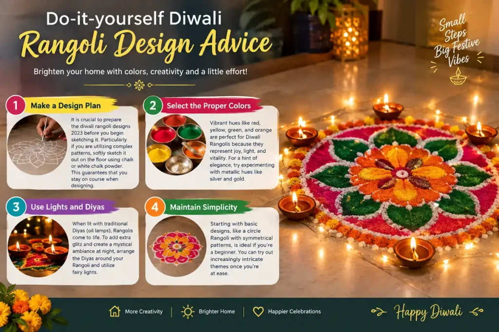 Colorful Diwali Rangoli with diyas and four easy design tips