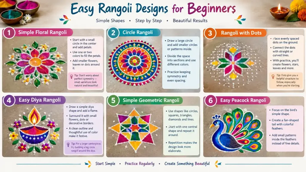 Easy rangoli designs for beginners with floral, diya, dot, geometric and peacock patterns