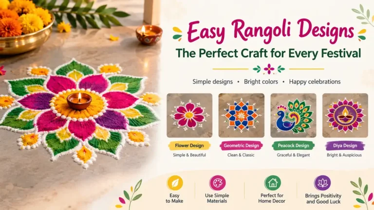 Easy rangoli designs with colorful floral, geometric, peacock, and diya patterns.