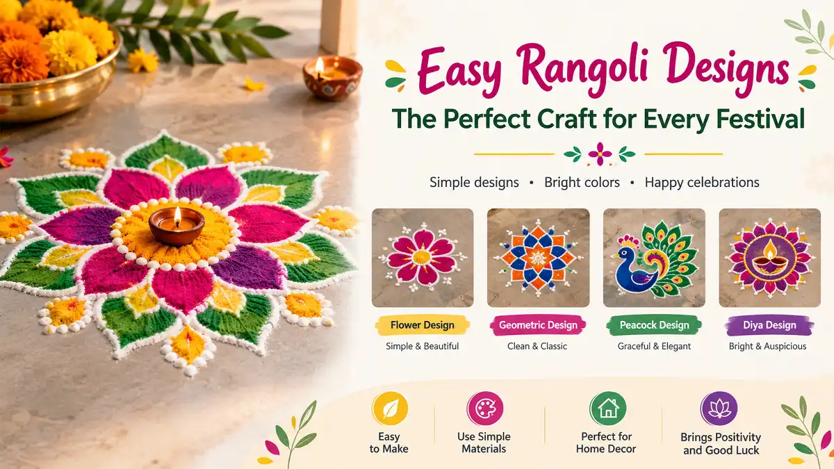 Easy rangoli designs with colorful floral, geometric, peacock, and diya patterns.