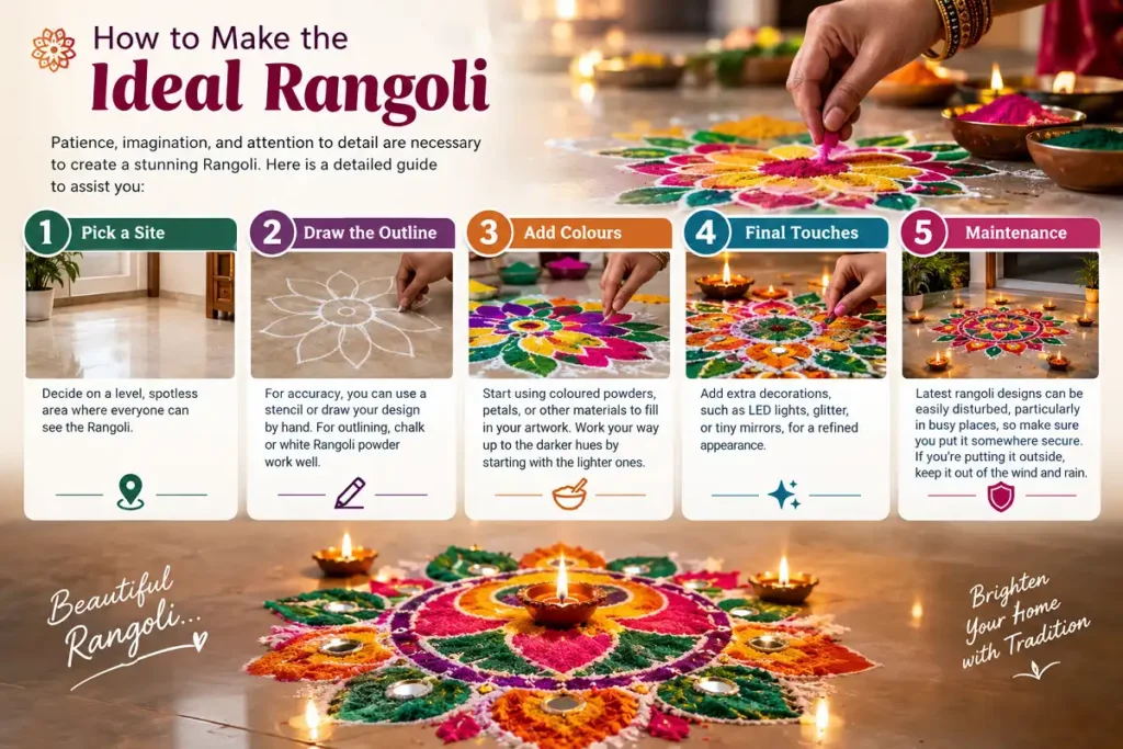 Infographic showing five steps to create a colorful traditional Rangoli