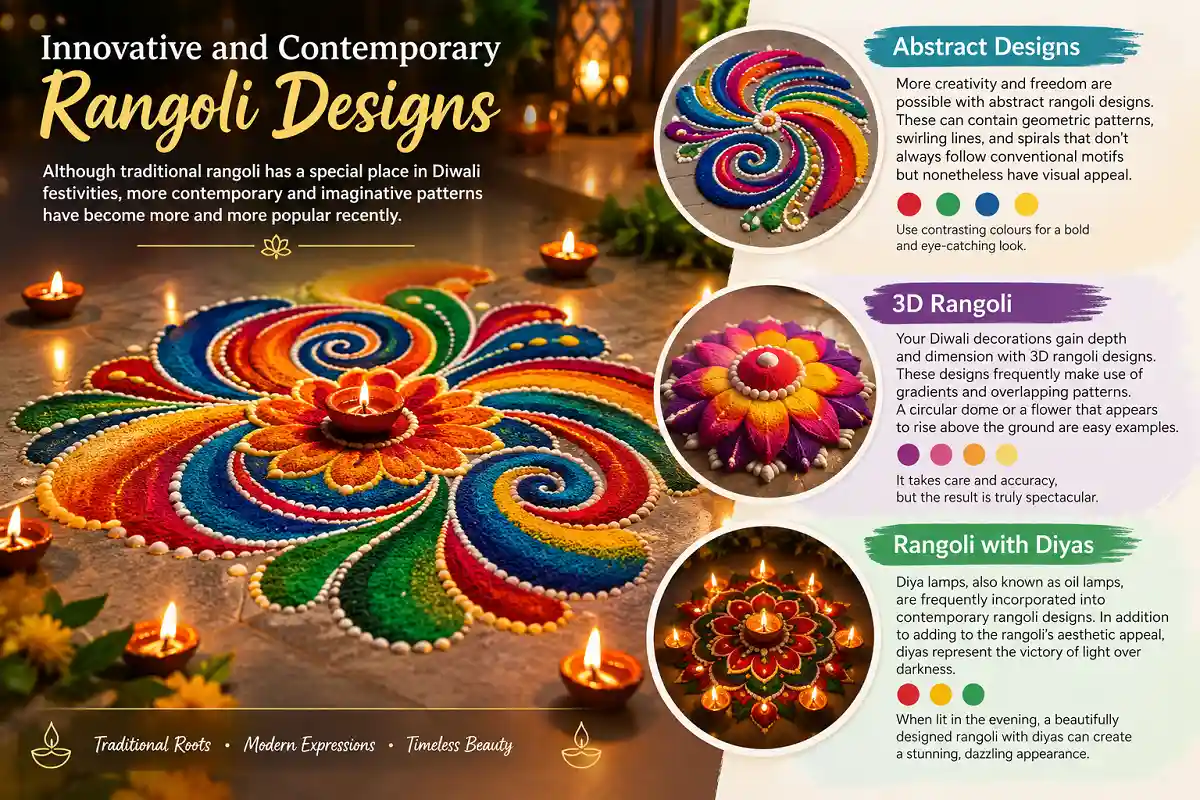 A colorful Diwali rangoli featuring abstract patterns, a 3D flower design, and glowing diyas, presented in a modern photographic and infographic style.