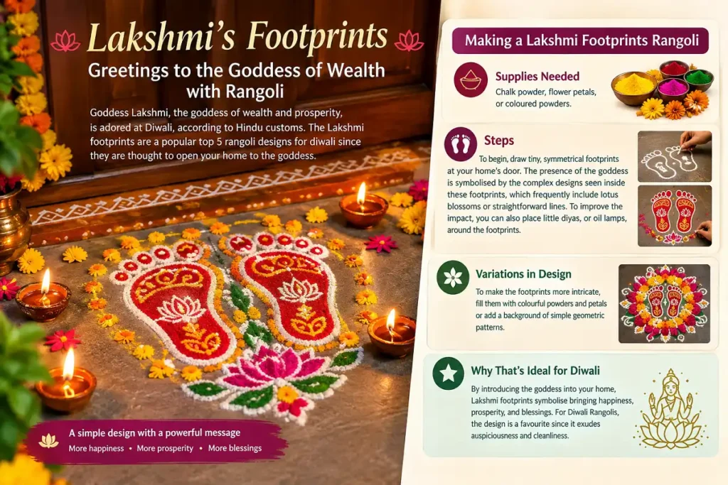 Lakshmi footprints Rangoli with diyas and flowers for Diwali prosperity