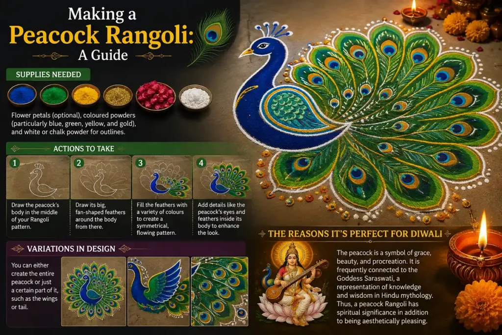 Colorful peacock Rangoli with step by step Diwali design ideas