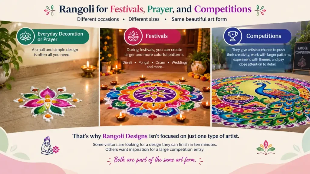 Colorful rangoli designs for prayer, festivals, and competitions
