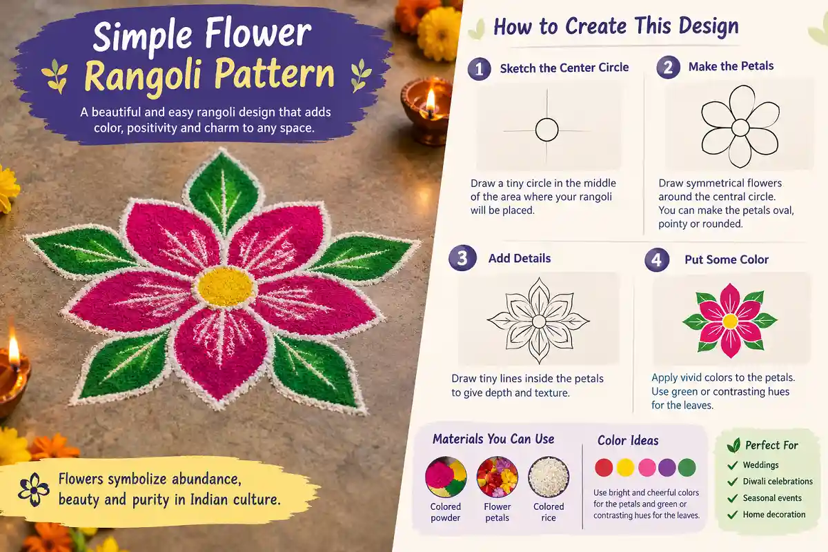 Simple flower rangoli pattern with colorful petals, green leaves, and a step by step infographic showing how to create the design using colored powder, flower petals, or colored rice.