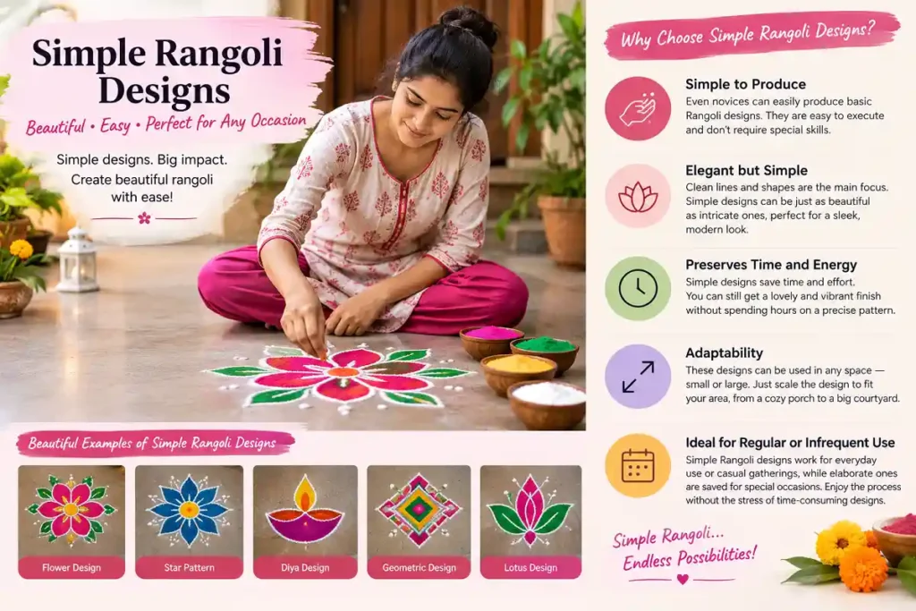 Mixed photographic and infographic image showing a woman creating a colorful simple rangoli, with examples of flower, star, diya, geometric, and lotus designs and their benefits for easy, elegant, time saving, adaptable, and regular use.