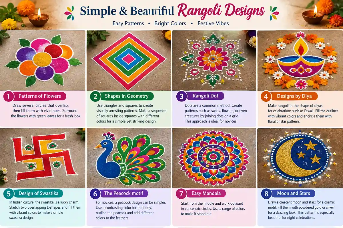 A mixed photographic and infographic landscape showing eight simple rangoli designs including flowers, geometric squares, dot patterns, diyas, swastika, peacock, mandala, and moon and stars.