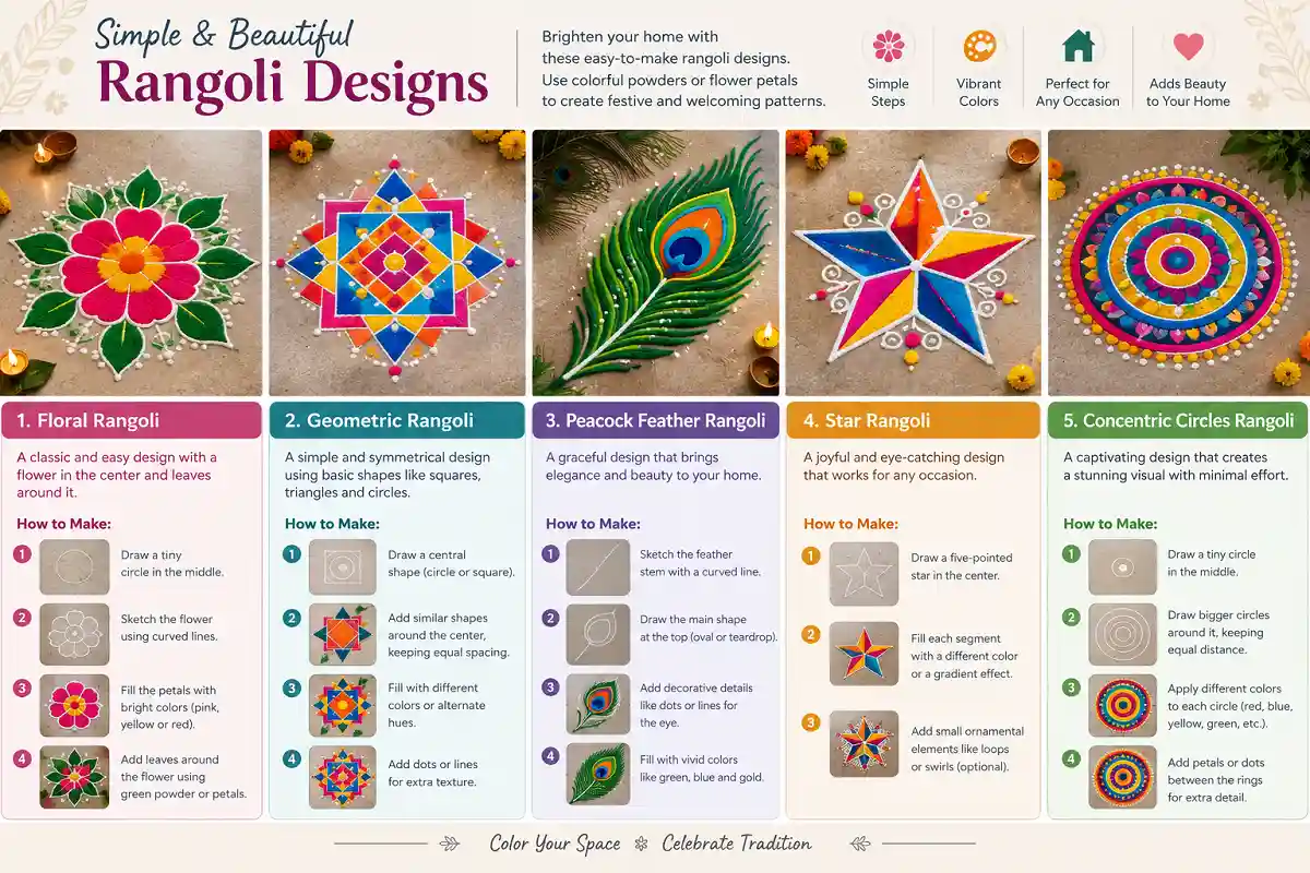 Five easy rangoli designs for home including floral geometric peacock star and concentric circle patterns