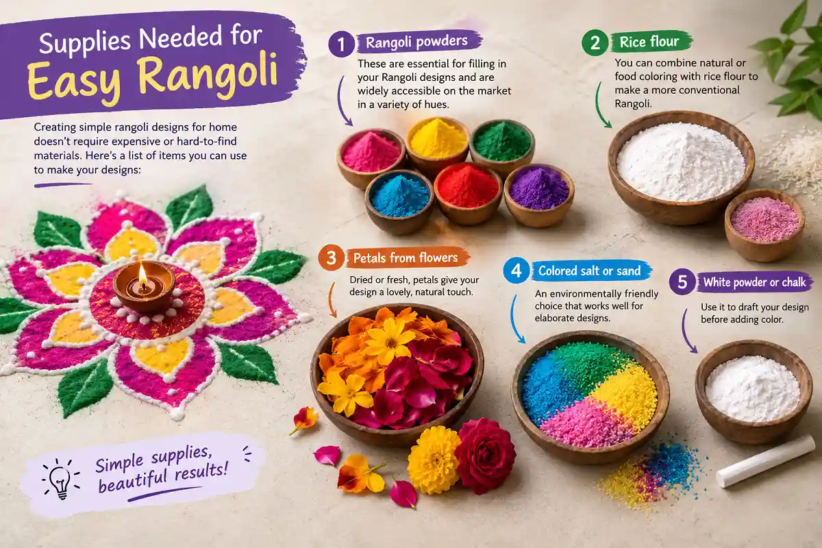 Rangoli powders rice flour flower petals colored sand and white chalk for easy rangoli designs