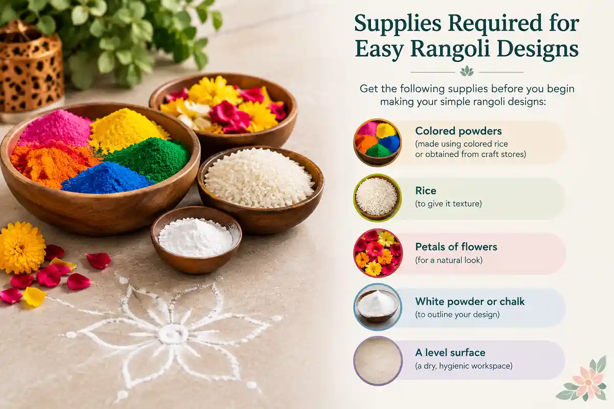 Supplies for easy rangoli designs including colored powders, rice, flower petals, chalk, and a level surface