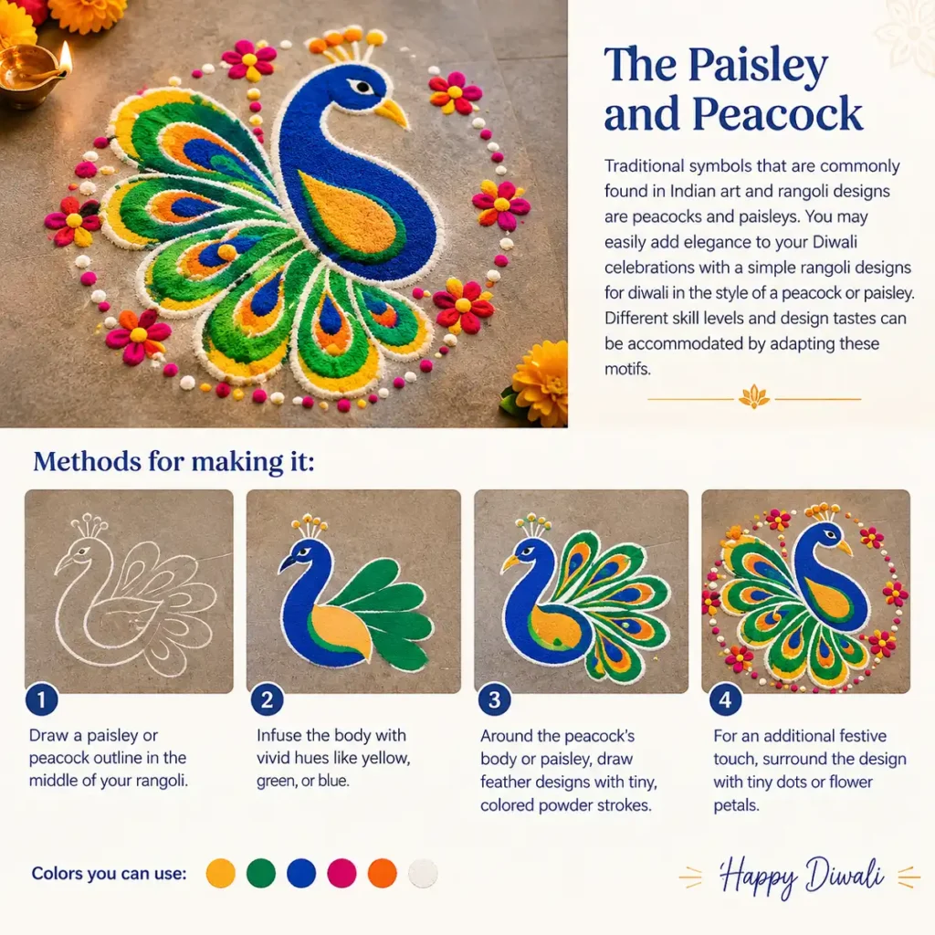 Peacock and paisley Diwali rangoli with colorful feather details and floral borders.