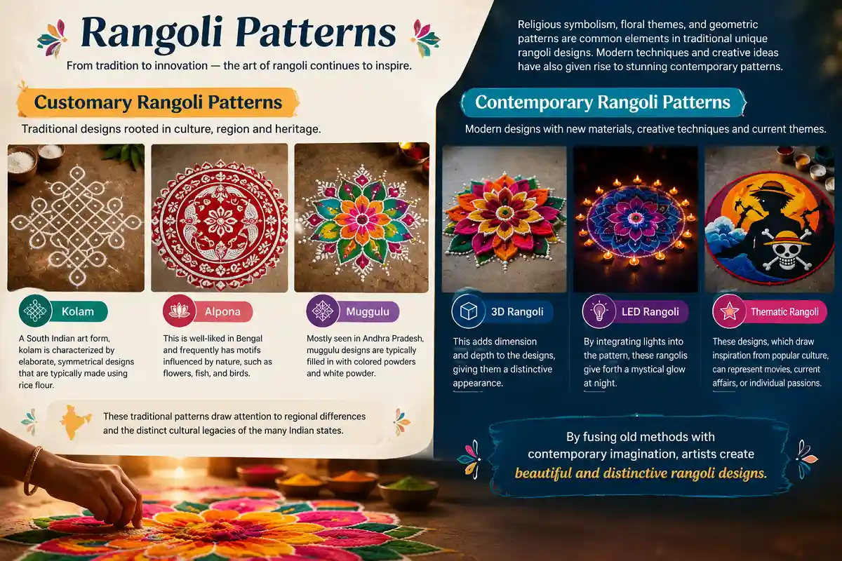 Traditional and contemporary unique rangoli patterns including Kolam, Alpona, Muggulu, 3D and LED rangoli