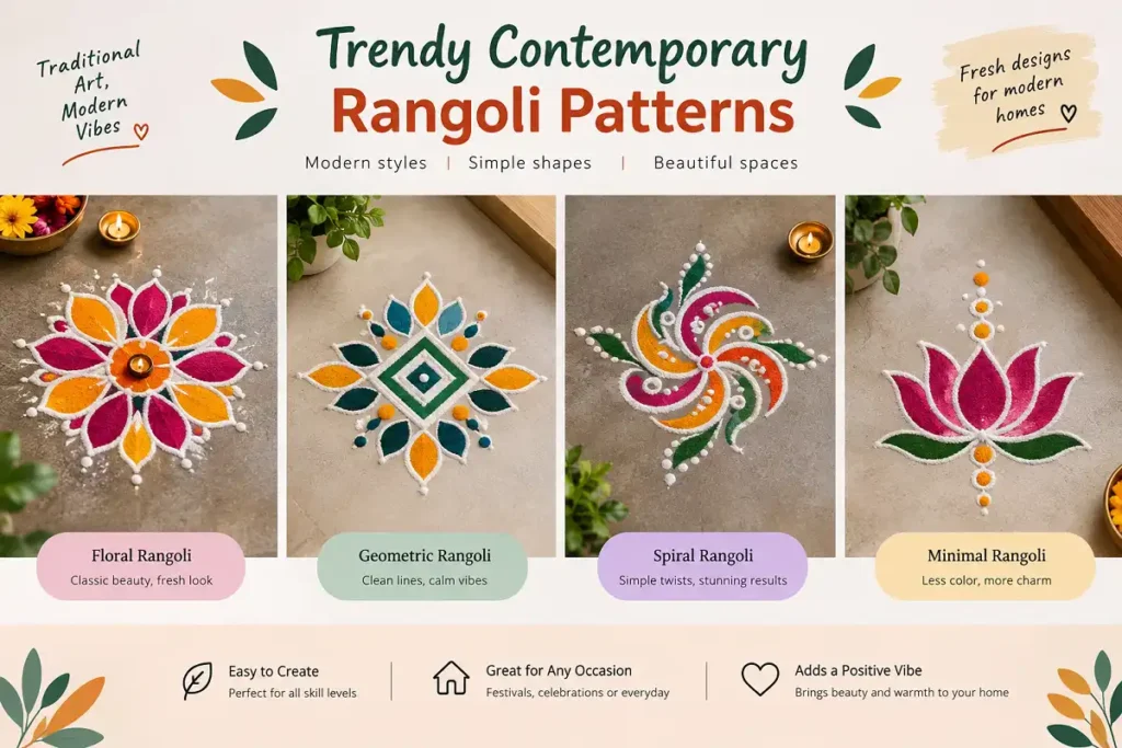 Modern floral, geometric, spiral, and minimal rangoli pattern designs