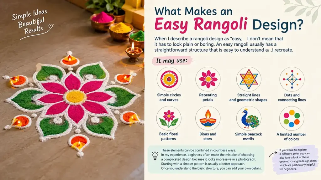 Easy rangoli design ideas with simple shapes, petals, dots, diyas, and peacock motifs