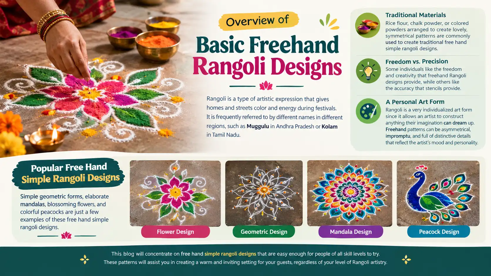 Basic freehand rangoli designs with colorful floral, geometric, mandala, and peacock patterns