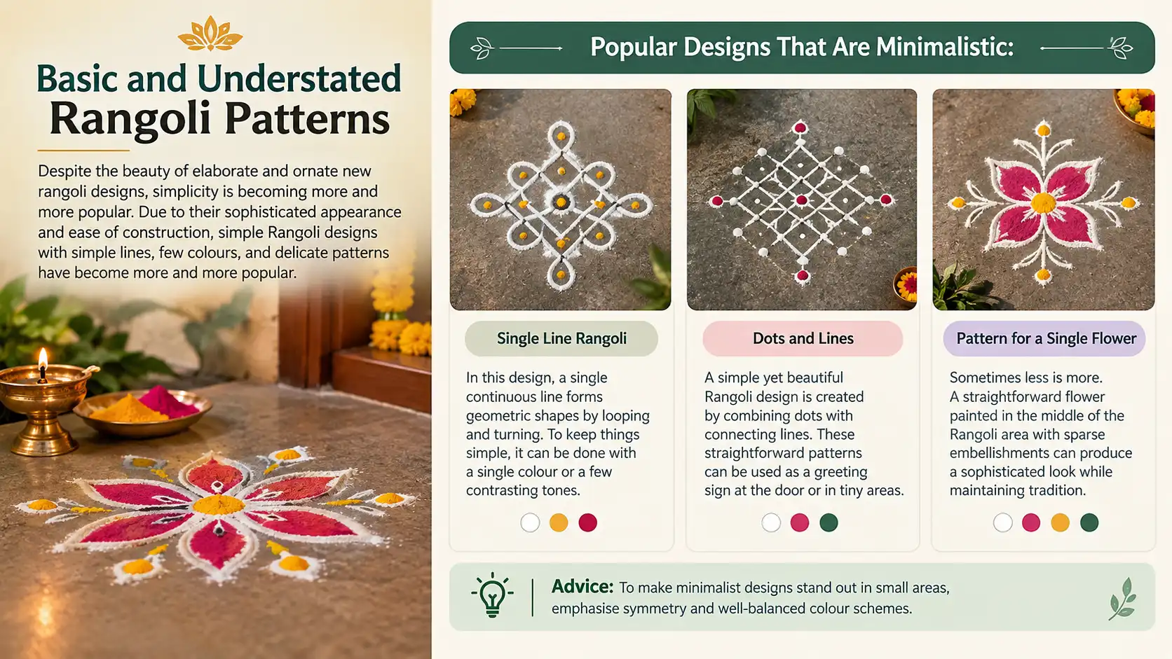 Basic and understated rangoli patterns featuring single-line, dots-and-lines, and simple flower designs