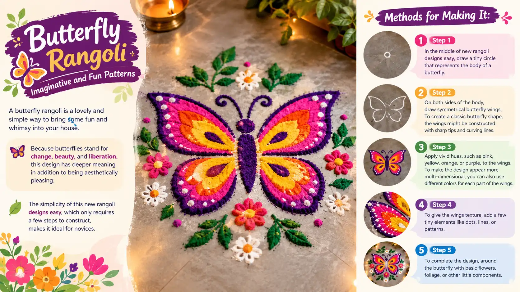 Colorful butterfly Rangoli design with pink, yellow, orange and purple wings surrounded by flowers and foliage