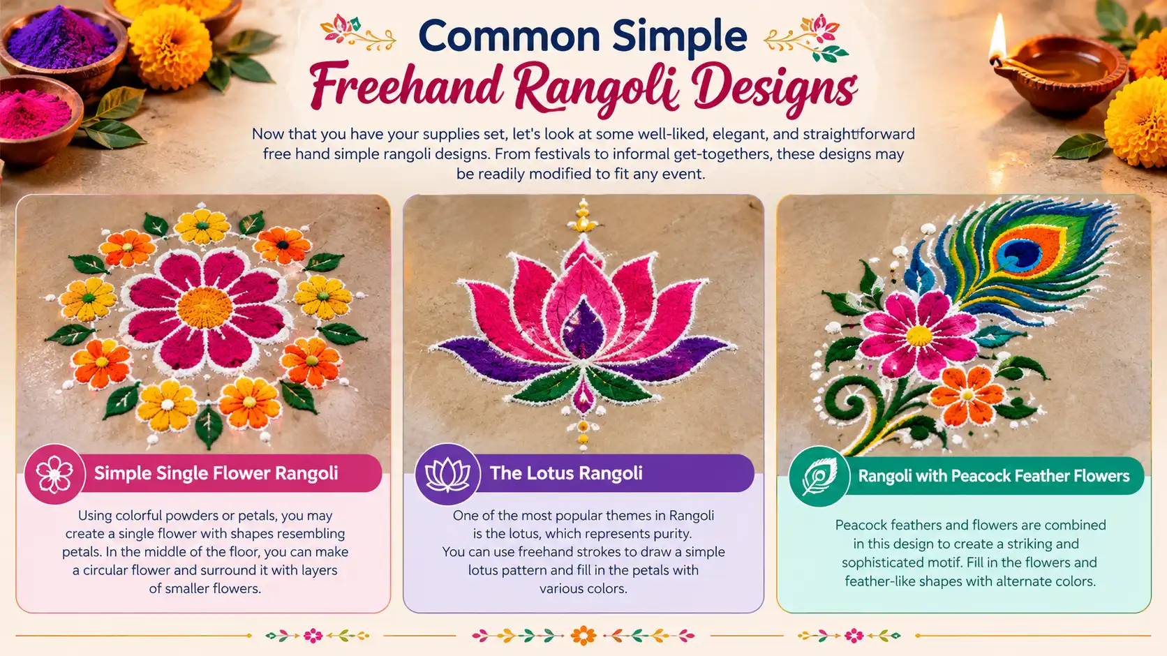 Common simple freehand rangoli designs featuring flower, lotus, and peacock feather patterns
