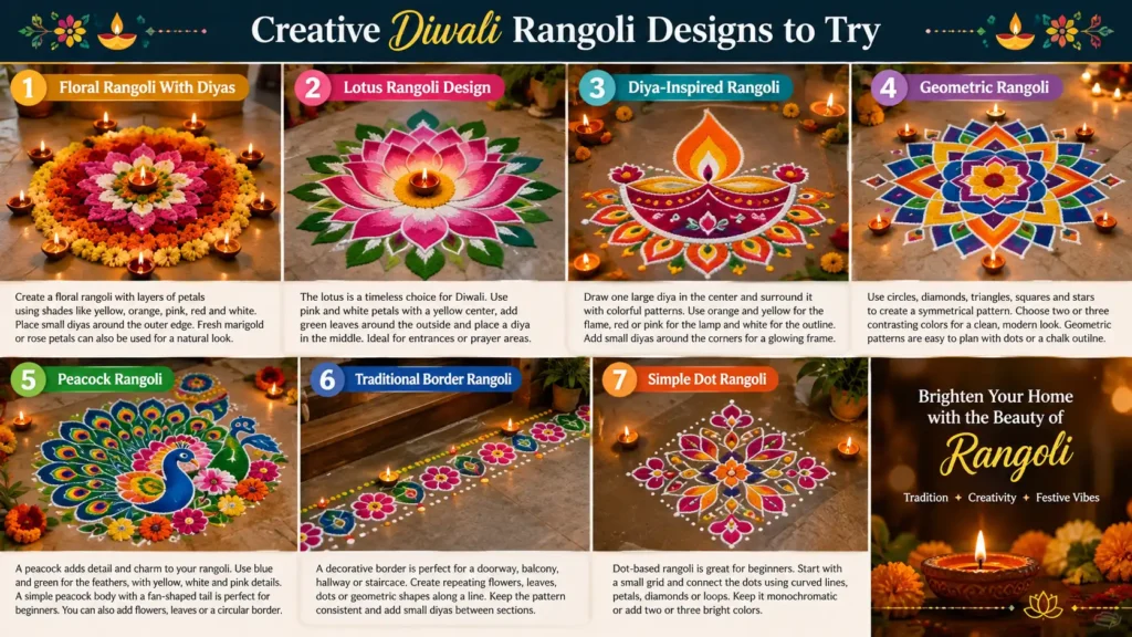 Seven creative Diwali rangoli ideas including floral, lotus, diya, geometric, peacock, border, and dot designs
