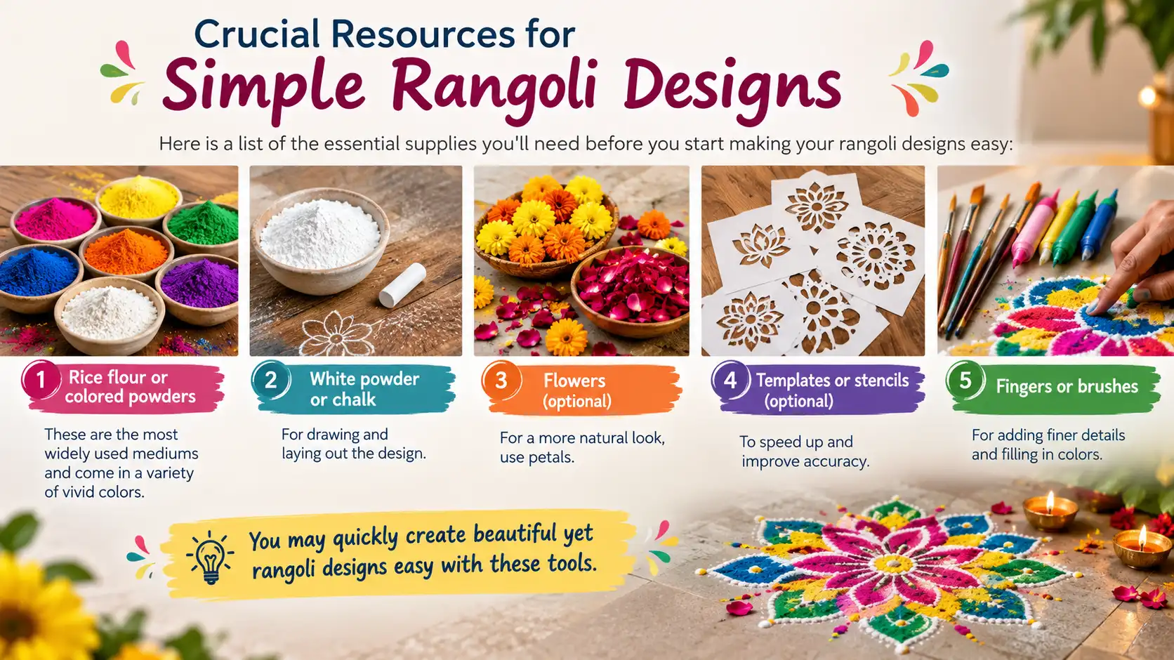 Mixed photorealistic and modern infographic showing five essential supplies for simple rangoli designs