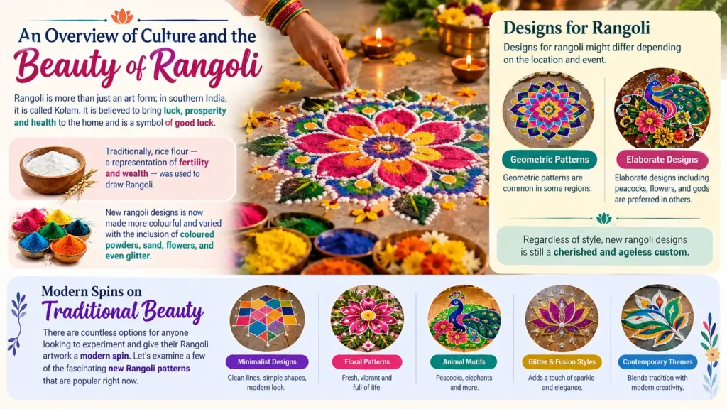 An infographic showing the cultural significance, traditional materials, regional styles, and modern Rangoli designs