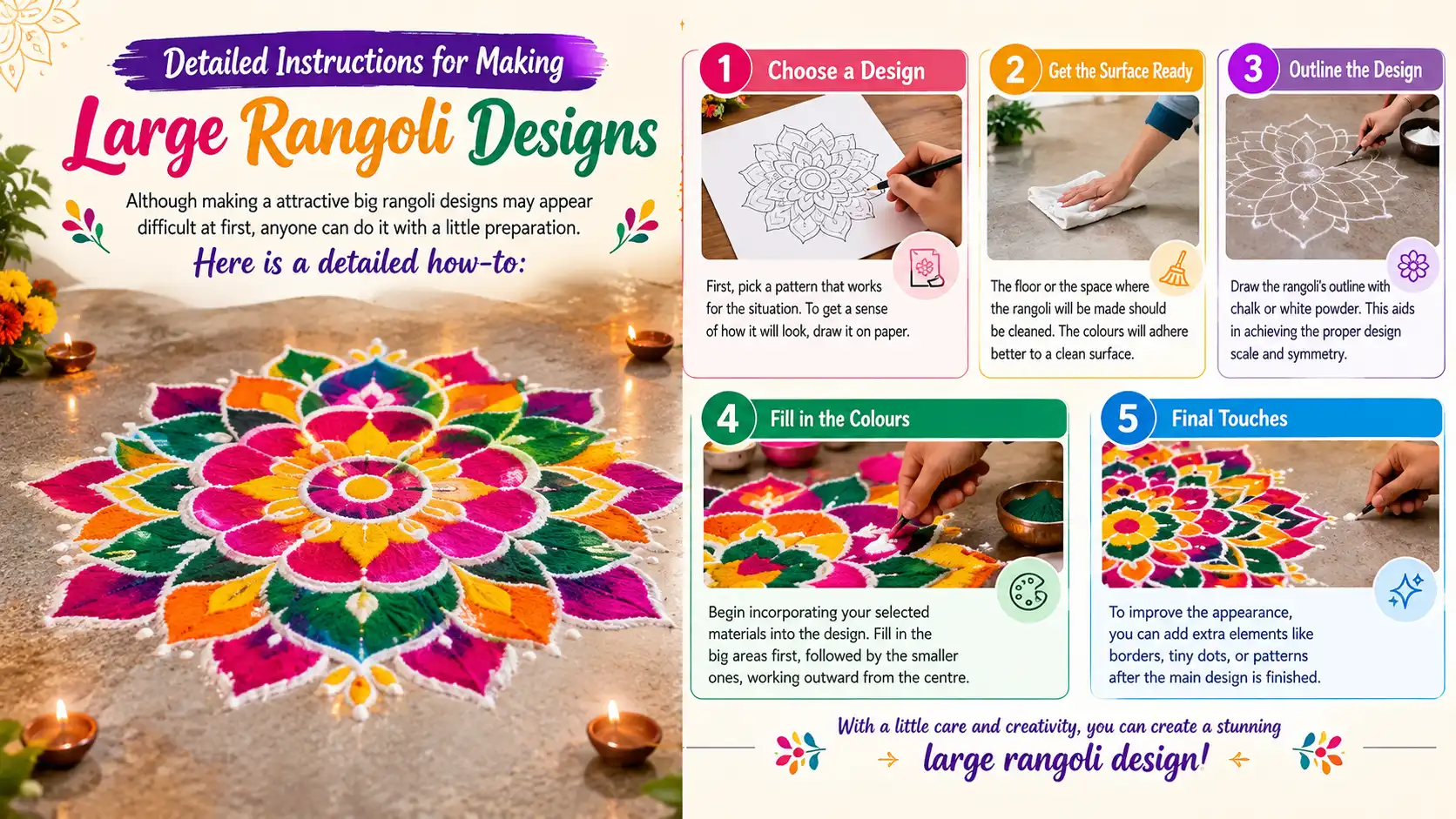 Detailed instructions for making large rangoli designs with colourful step-by-step rangoli decoration guide