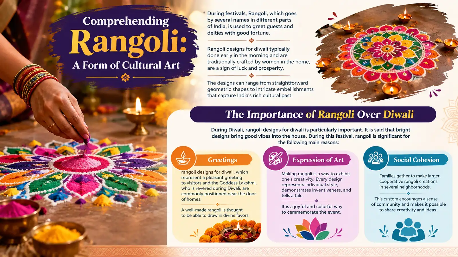 Colorful Diwali rangoli representing cultural art, greetings, creativity, and social unity